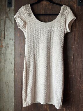 Free People Scoop Neck Textured Midi Dress in Light Cream with Bead Accents